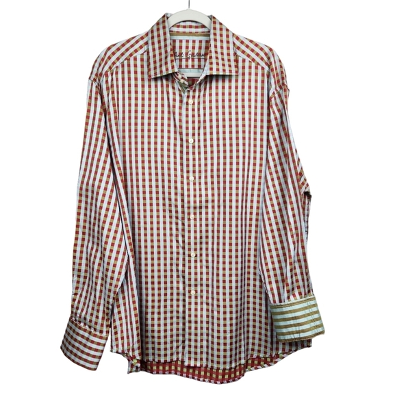Robert Graham Red Green Silver Checkered Plaid Button Up Shirt Men's Size 2XL - Picture 1 of 9